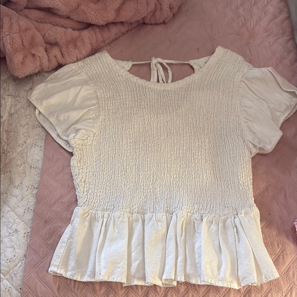 Dear John Cream Puff Sleeve Smocked Blouse